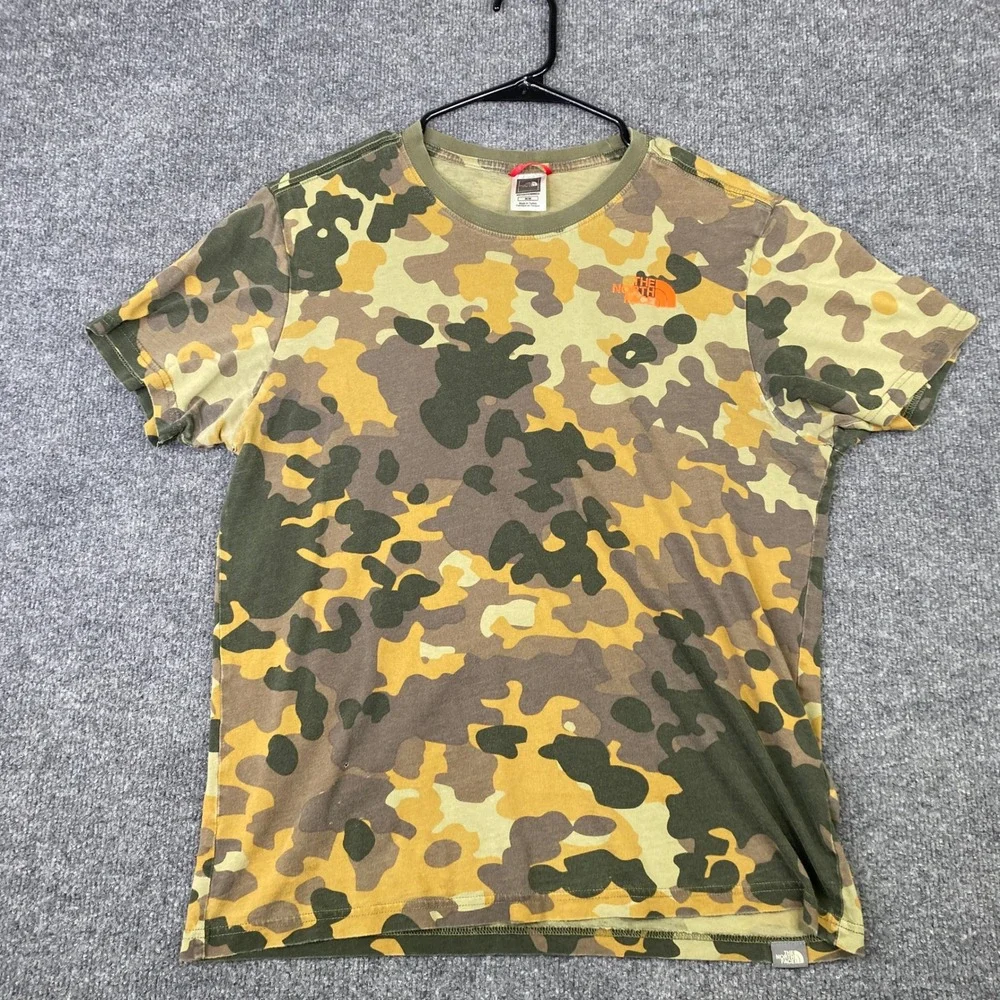 The North Face Mens Camo T-Shirt Orange Box Logo Graphic Tee Green Brown Medium